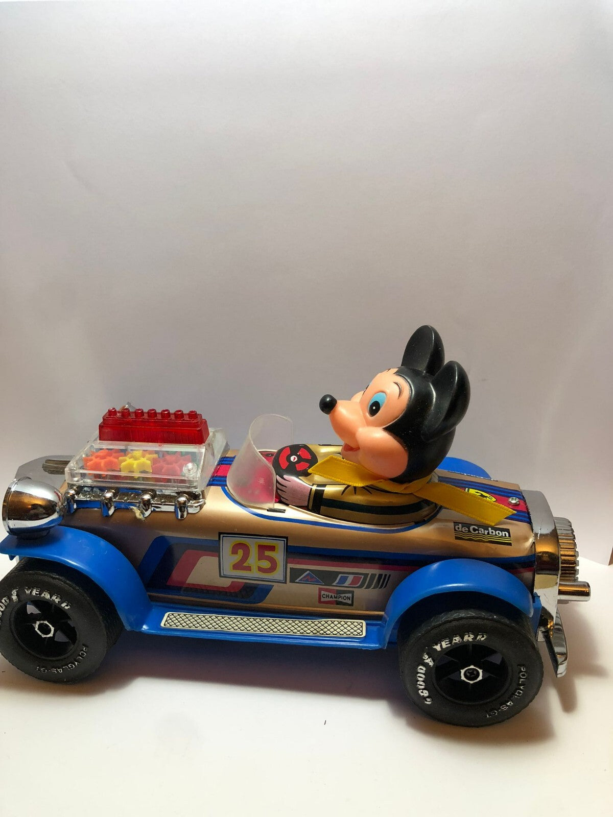 Vintage Bump N Go Mickey Mouse Musical Tin Car CG-117 Cien Ge Toys topolino
