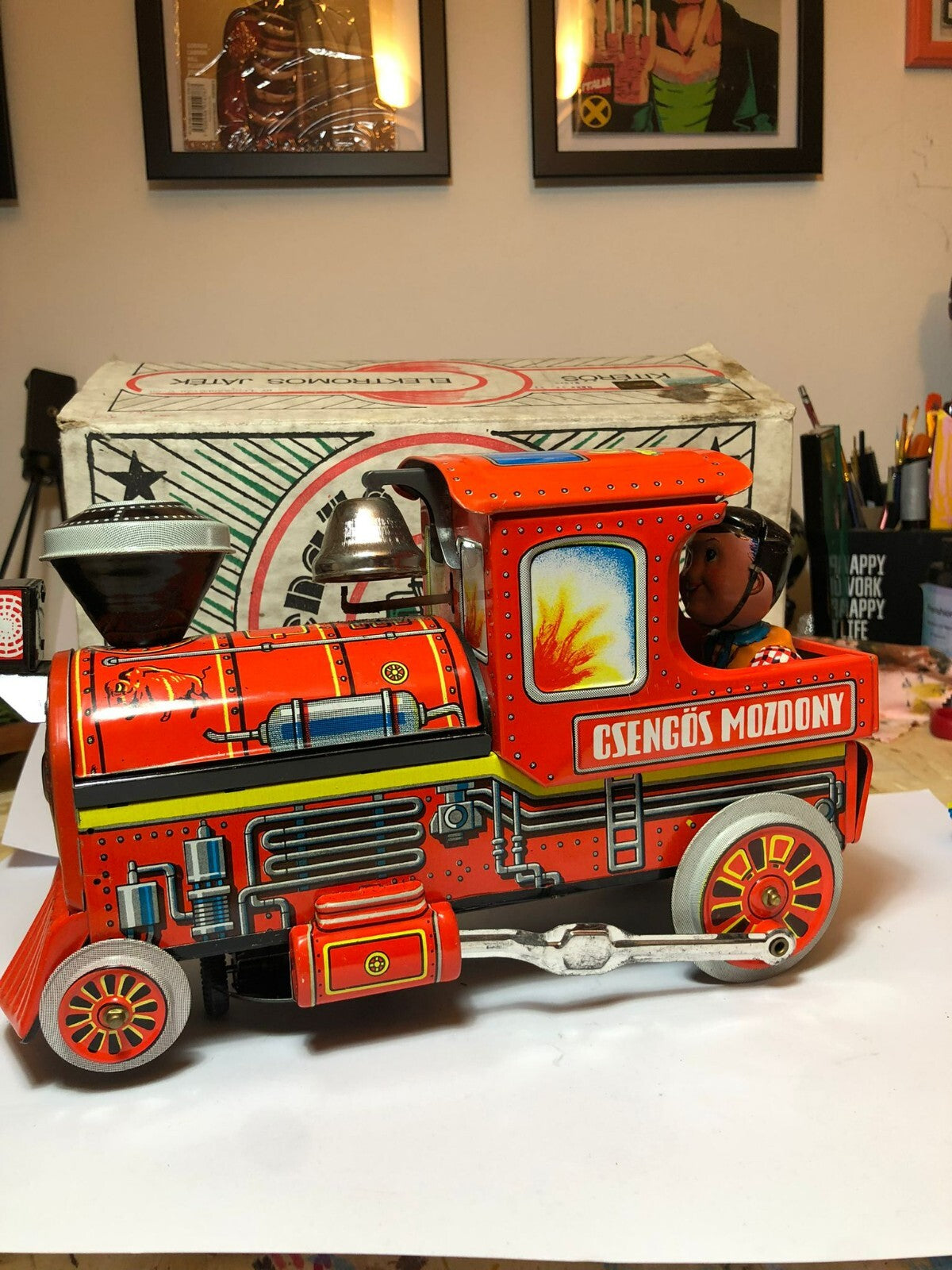 VINTAGE BATTERY OPERATED CSENGOS MOZDONY BELL RINGER LOCOMOTIVE TIN TRAIN