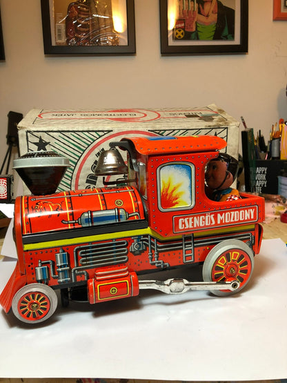 VINTAGE BATTERY OPERATED CSENGOS MOZDONY BELL RINGER LOCOMOTIVE TIN TRAIN