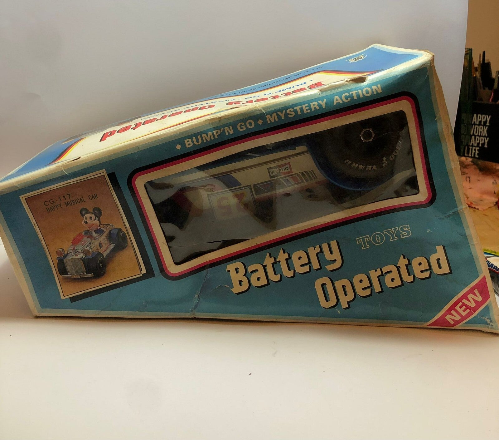 Vintage Bump N Go Mickey Mouse Musical Tin Car CG-117 Cien Ge Toys topolino