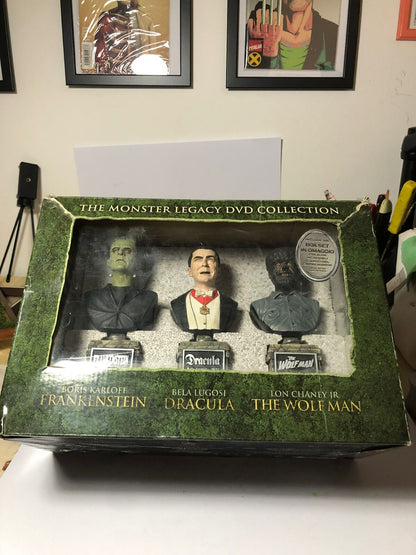 THE MONSTERS LEGACY DVD GIFT SET DRACULA -FRANKENSTEIN- WOLFMAN MINI BUST