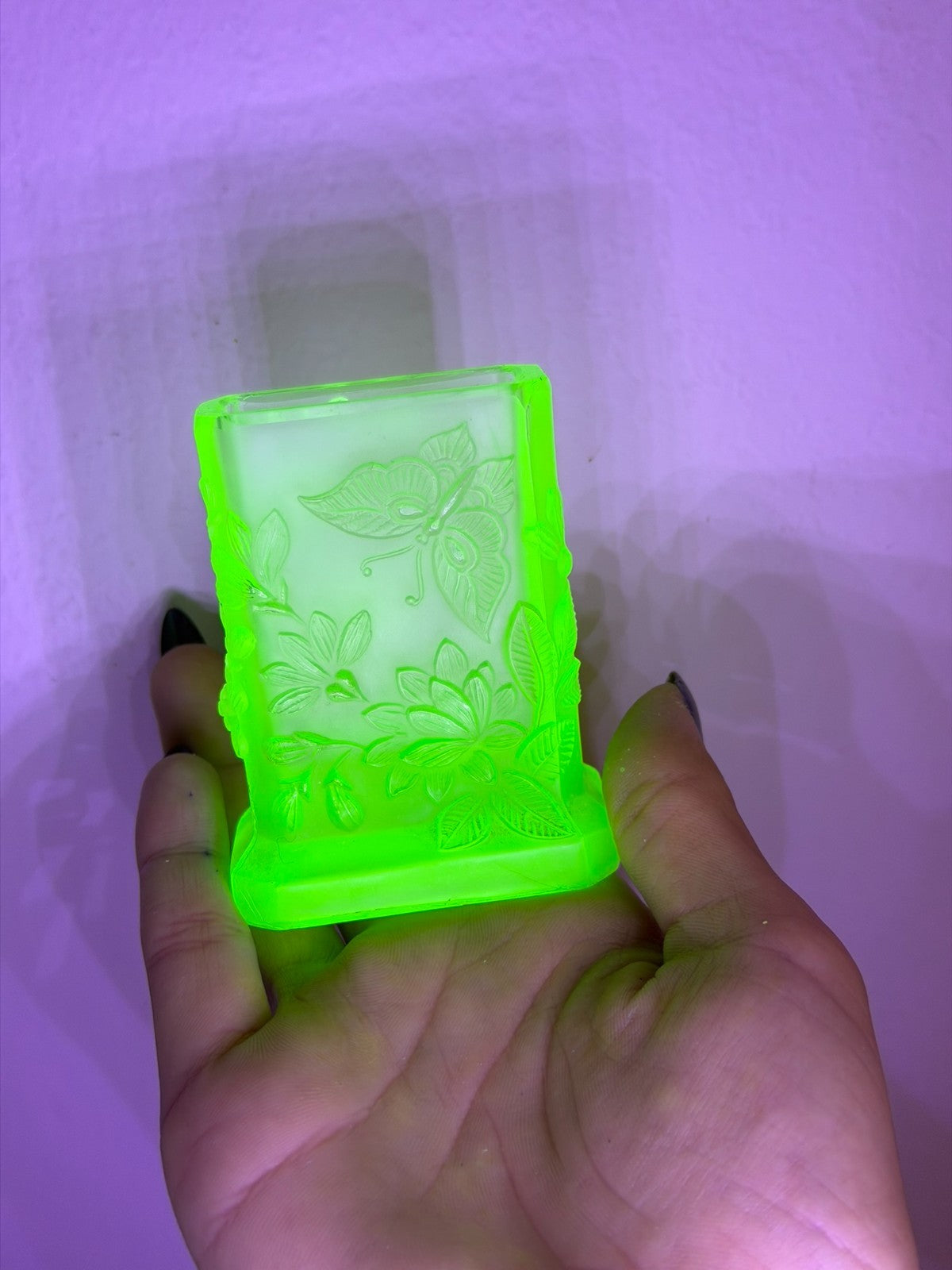 Porta carte vintage vetro verde uranio Hoffmann farfalla floreale art deco