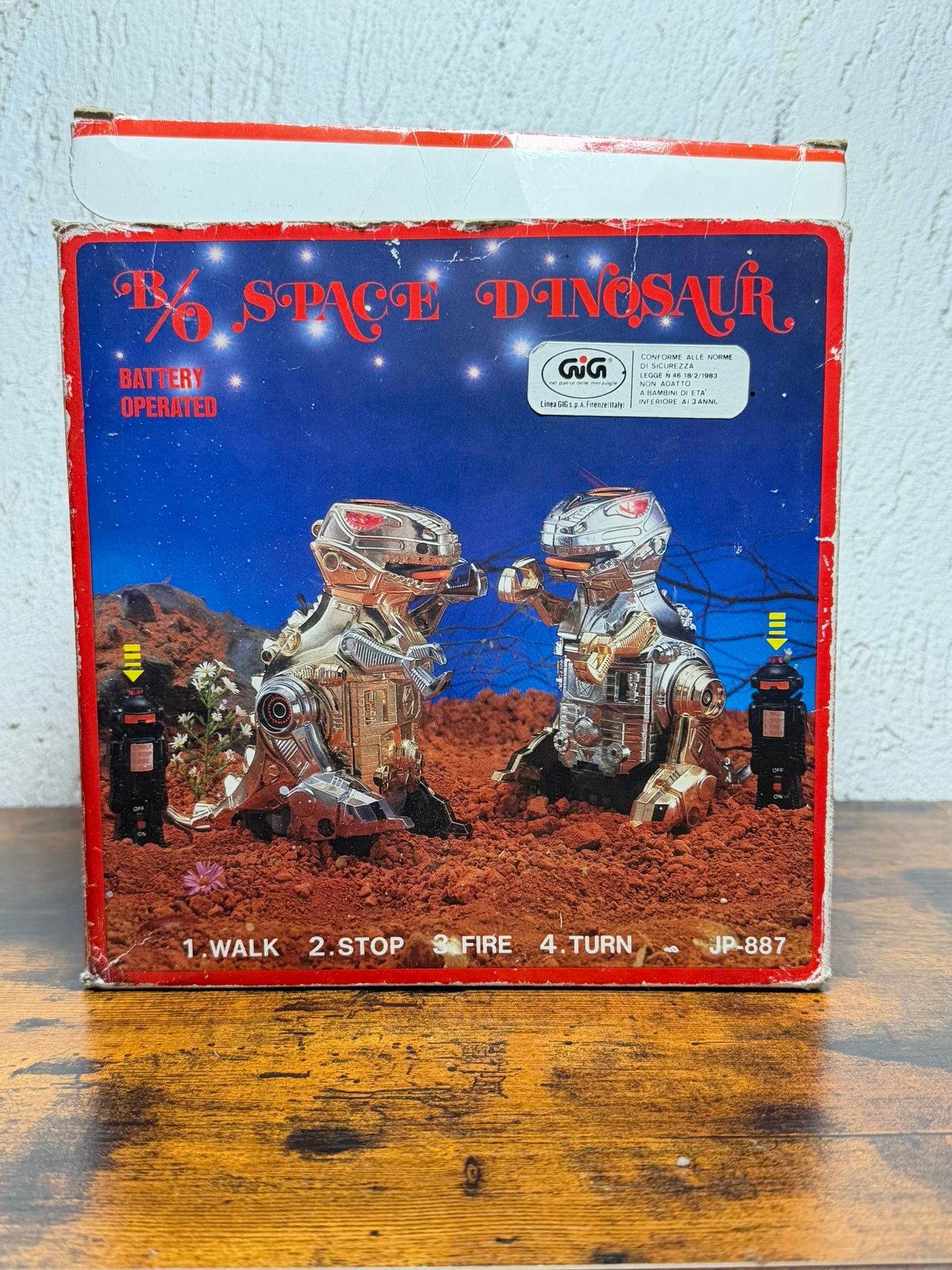 Dinosauro spaziale B/O anni 80 a batteria 7" JP-887 in scatola non funzionante